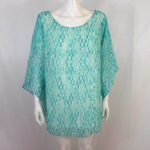 Dana Kay Green White Geo Print Sheer Lined Tunic Top Tulip Kimono Sleeve